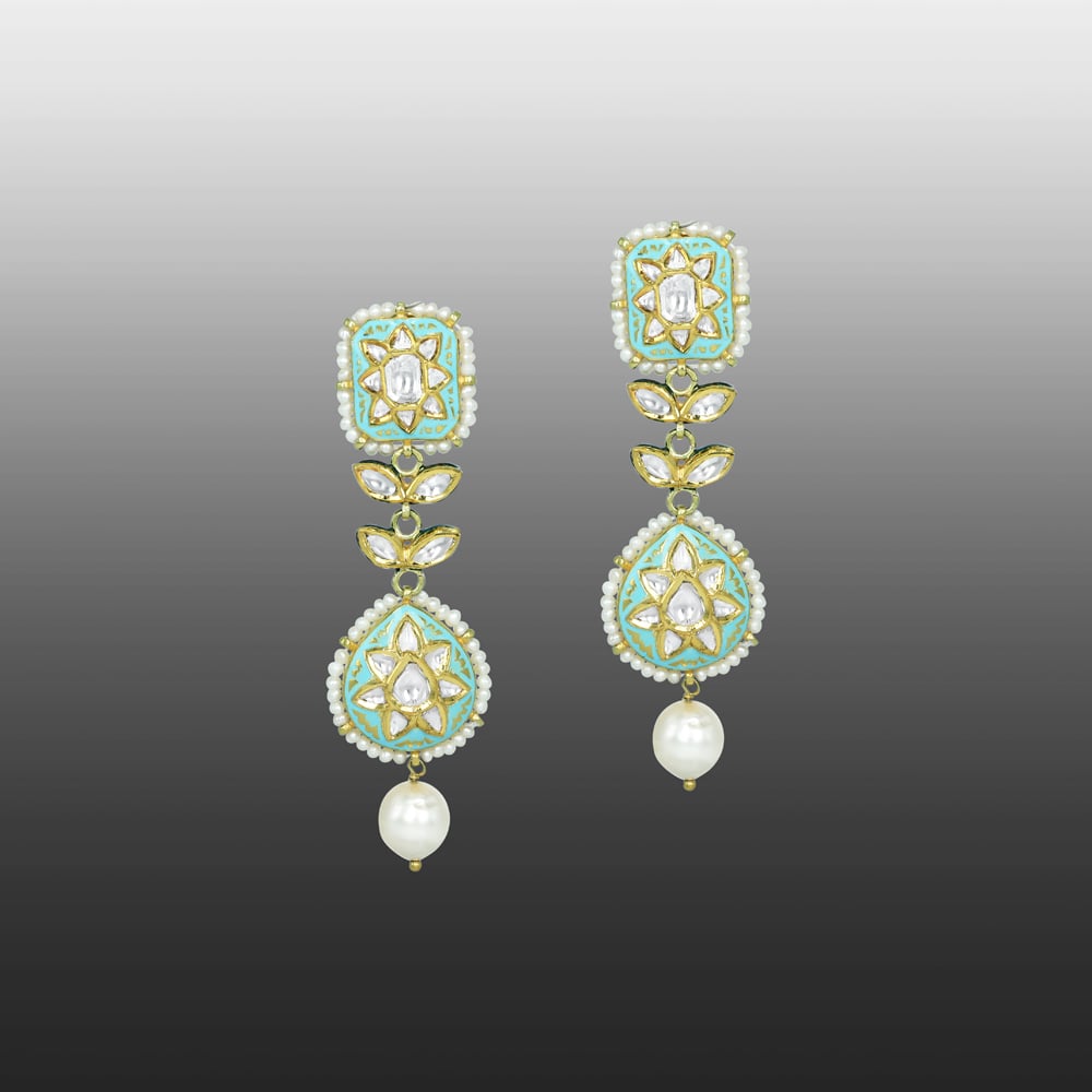 Square and Teardrop Polki Earrings with Turquoise Enamel and Pearl Drop